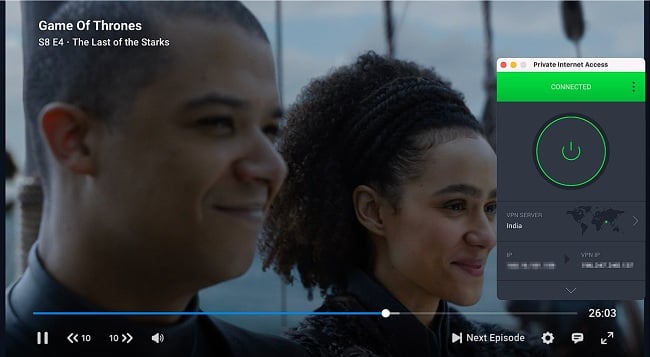 Screenshot of Game of Thrones playing on Disney+ Hotstar India while Private Internet Access is connected to a virtual server in India