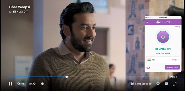 Screenshot of Ghar Waapsi playing on Disney+ Hotstar India while PrivateVPN is connected to a dedicated IP server in India