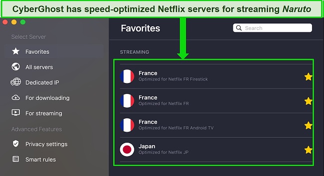 Screenshot of CyberGhost's Favorites tab showing optimized Netflix servers for France and Japan