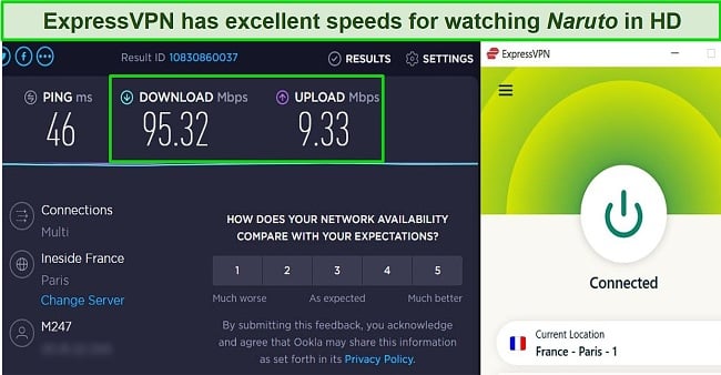 Screenshot of ExpressVPN speed test result