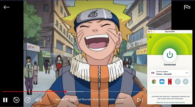 Screenshot of Naruto streaming on Netflix with ExpressVPN connected