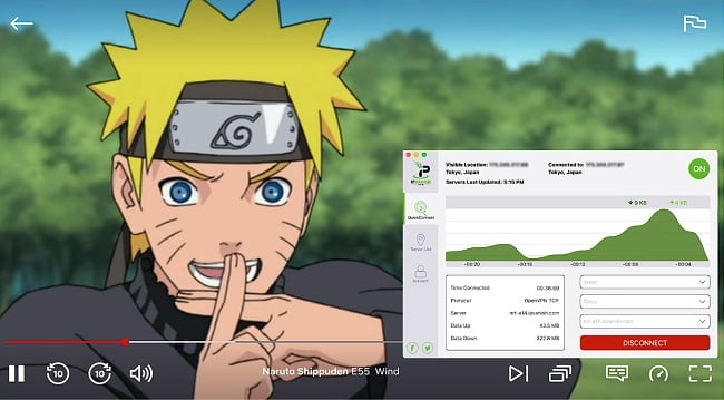 Screenshot of Naruto streaming on Netflix with IPVanish connected