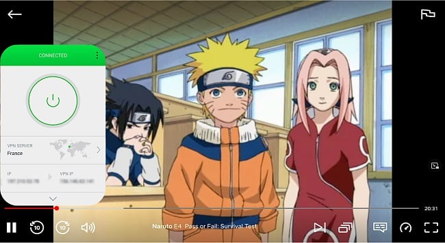 Screenshot of Naruto streaming on Netflix with PIA connected