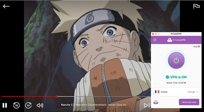 Screenshot of Naruto streaming on Netflix with PrivateVPN connected