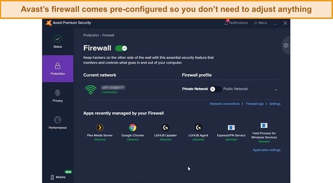 Screenshot of Avast's firewall dashboard