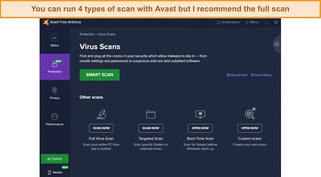 Screenshot of Avast's different scan types