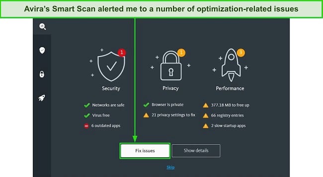 Screenshot of Avira's Smart Scan results