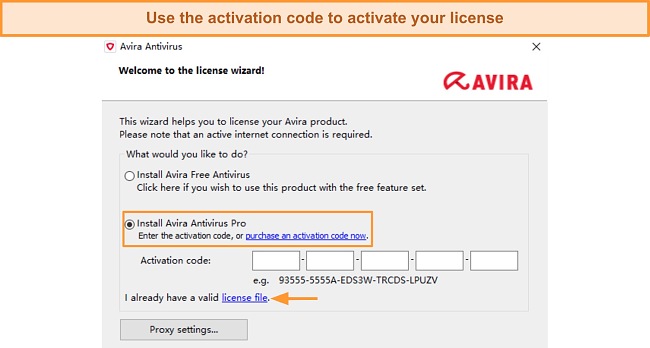 Screenshot of Avira's installation wizard asking for activation code