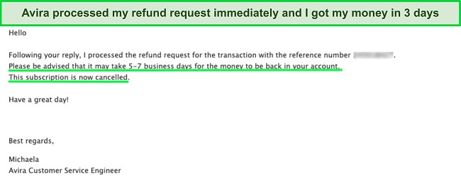 Screenshot of Avira confirming a refund request