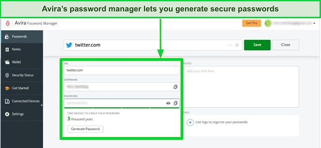 Screenshot of Avira's password manager dashboard