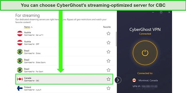 Screenshot of CyberGhost's list of streaming-optimized servers