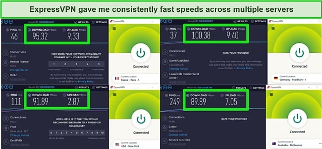 Screenshot of ExpressVPN's speed test results