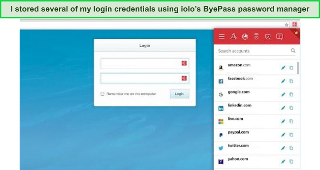 Screenshot of IOLO's Chrome browser extension showing a list of saved passwords