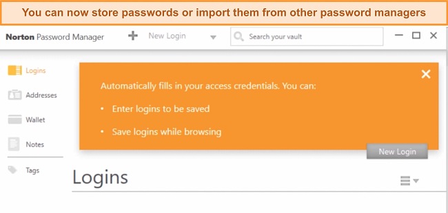 Screenshot of Norton password manager's main dashboard
