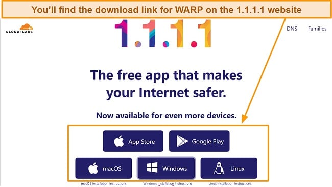 Screenshot of WARP's download link