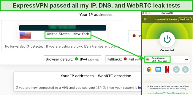 Image of leak test showing that ExpressVPN successfully hides user's original IP address