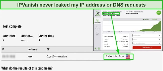 Image of leak test showing that IPVanish successfully hides user's original IP address