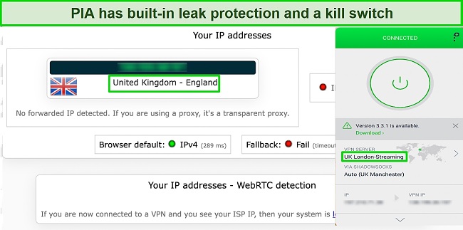 Image of leak test showing that PIA successfully hides user's original IP address