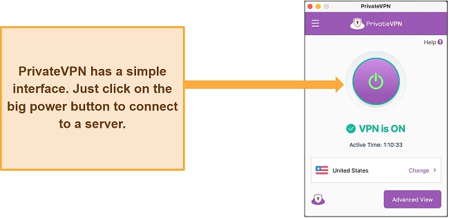 Image of PrivateVPN's interface while connected to a server