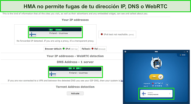 Captura de pantalla de la prueba de IP, DNS y WebRTC en un servidor HMA que no muestra fugas.