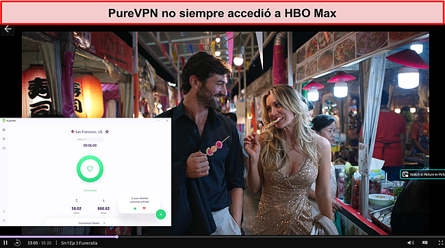 Captura de pantalla de PureVPN desbloqueando HBO Max.