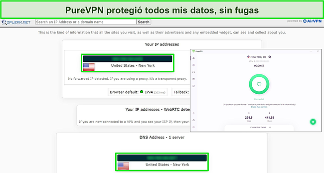 Captura de pantalla de una prueba de fugas de IPLeak.net que no muestra fugas de datos, con PureVPN conectado a un servidor de EE. UU.