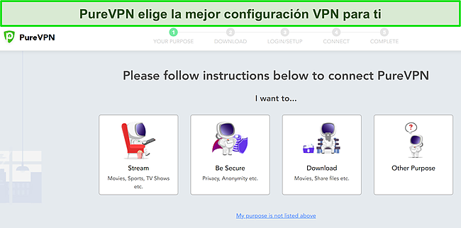 Captura de pantalla de las opciones de instalación personalizada de PureVPN para diferentes usos de VPN.