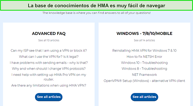 Captura de pantalla de la página de la base de conocimientos de HMA que destaca las categorías de preguntas frecuentes disponibles.