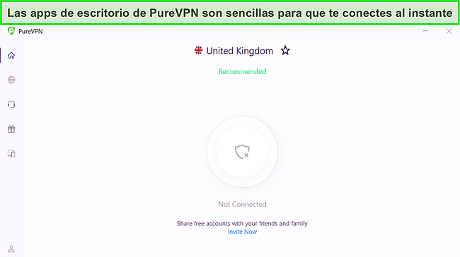Captura de pantalla de la aplicación de Windows de PureVPN que muestra su interfaz clara y sencilla.