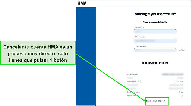 Captura de pantalla de las opciones de la cuenta de HMA que destaca qué botón presionar para cancelar la suscripción.