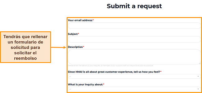 Captura de pantalla del formulario de solicitud de HMA que destaca qué campos deben completarse para solicitar un reembolso.