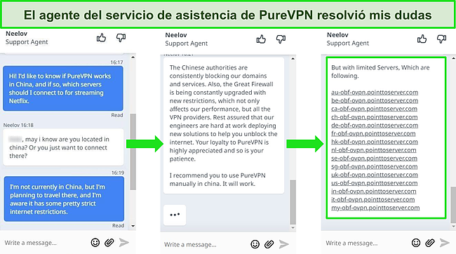 Captura de pantalla del chat en vivo de PureVPN respondiendo preguntas sobre la conexión manual a servidores desde China.
