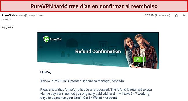 Captura de pantalla de la respuesta por correo electrónico del equipo de facturación de PureVPN que confirma una solicitud de reembolso.