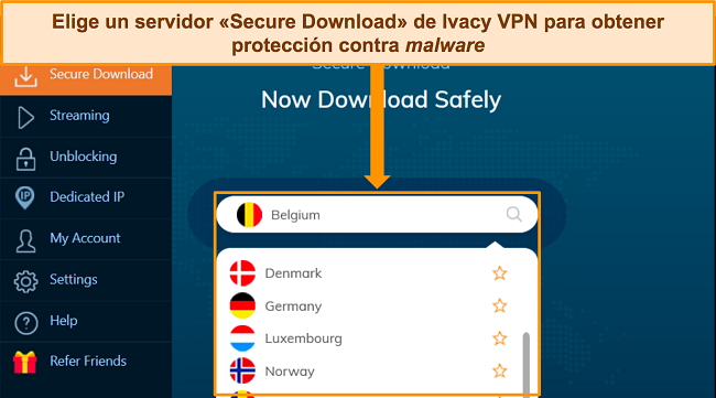 Captura de pantalla de la aplicación Ivacy VPN para Windows que destaca las opciones de servidor para la función de descarga segura.