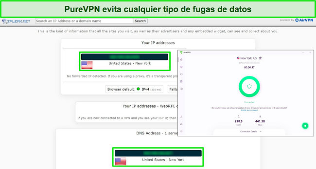 Captura de pantalla de una prueba de ipleak.net que muestra cero fugas con PureVPN conectado a un servidor de EE. UU.