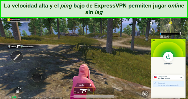 Captura de pantalla de ExpressVPN conectado a un servidor del Reino Unido mientras juega PUBG.