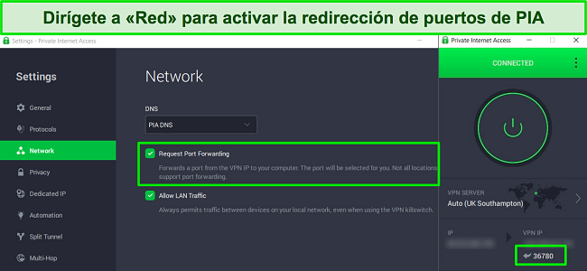 Captura de pantalla de la aplicación de Windows de PIA que muestra cómo activar el reenvío de puertos en el menú de configuración de red.