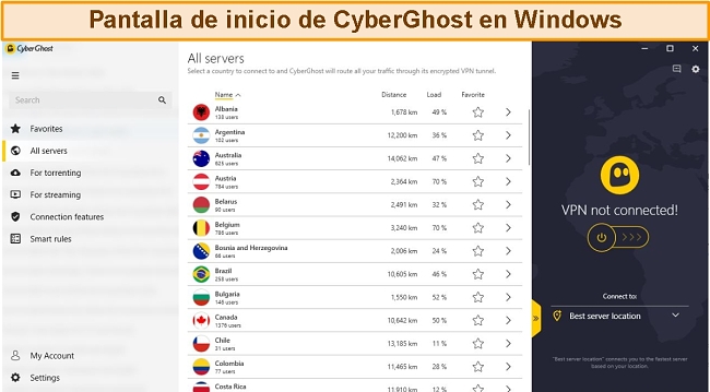 Pantalla de inicio ampliada de CyberGhost en la aplicación de Windows