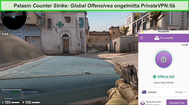 Kuvakaappaus Counter-Strike-ottelusta, kun PrivateVPN on yhdistetty palvelimeen Australiassa.