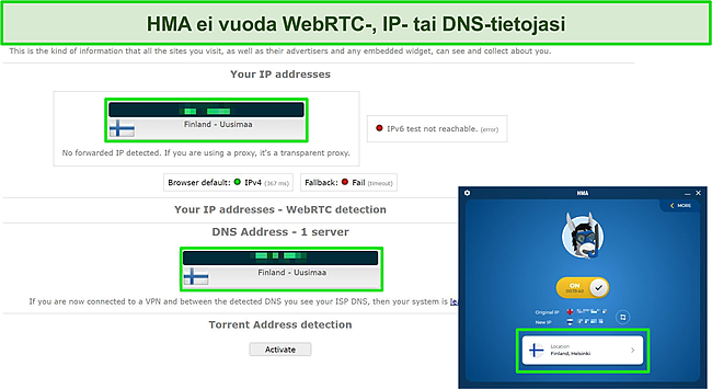 Kuvakaappaus IP-, DNS- ja WebRTC-testistä HMA-palvelimella, jossa ei näy vuotoja.