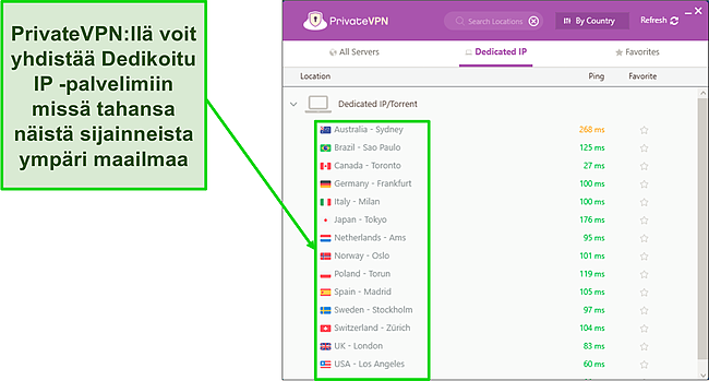 Kuvakaappaus PrivateVPN-omistetun IP-palvelimen valikosta Windowsissa.