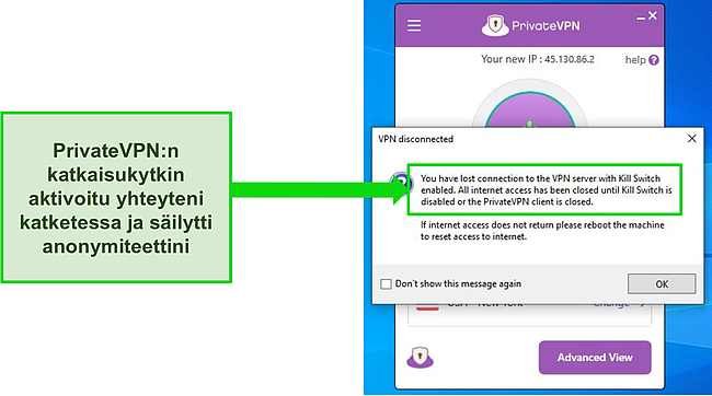 Näyttökaappaus Private VPN Internet kill switch -valintaikkunasta.