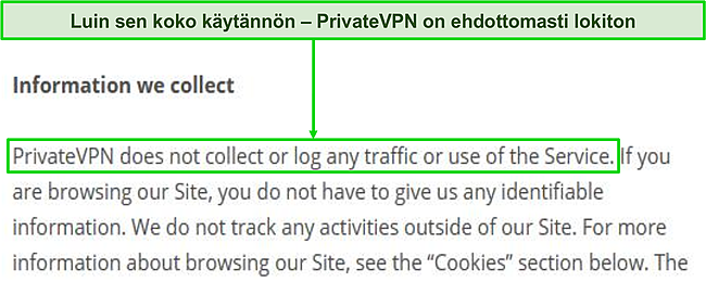 Kuvakaappaus PrivateVPN:n tietosuojakäytännöstä sen verkkosivustolla.