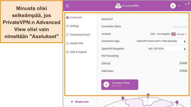 Kuvakaappaus PrivateVPN:n lisänäkymästä ja yksinkertaisesta näkymästä Windowsissa.