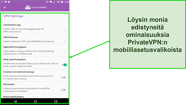 Näyttökaappaus PrivateVPN-asetusvalikosta Androidissa.