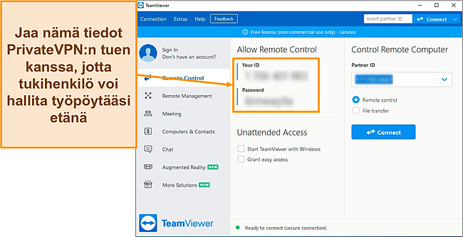 Kuvakaappaus TeamViewerin aloitusnäytöstä Windowsissa.