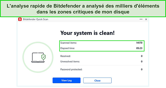 Capture d'écran des résultats de l'analyse rapide de Bitdefender.