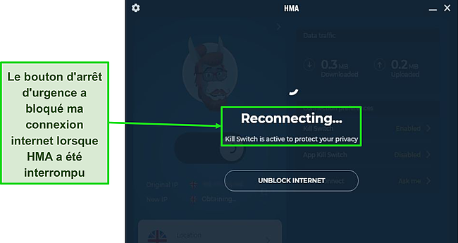 Capture d'écran du Kill Switch de HMA protégeant mon trafic lors d'une perte de connexion.