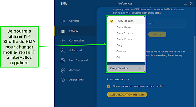 Capture d'écran de la fonction IP Shuffle de HMA mettant en évidence la fréquence sur laquelle vous pouvez la régler.