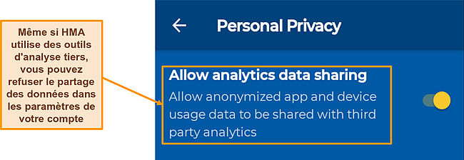 Capture d'écran de l'option de partage de données activée par défaut sur l'application Android de HMA.